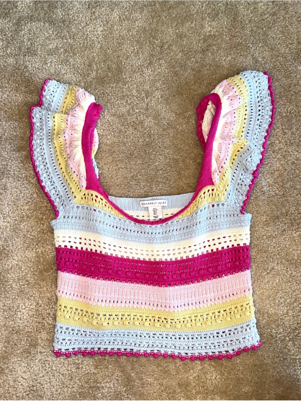 Sincerely Jules Colorful Striped Crochet Knit Ruffle Strap Top Size S